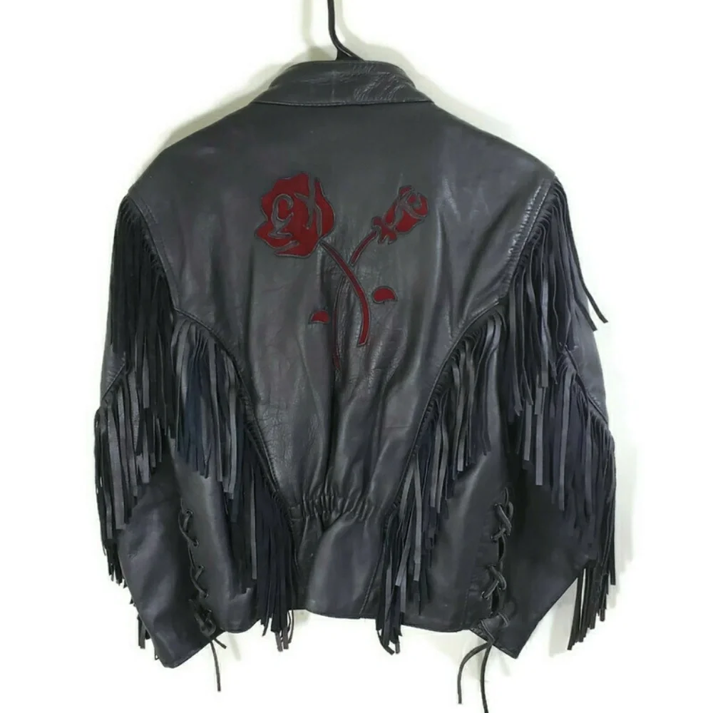 Vintage Black Leather Jacket with Red Embroidery - Picture 2 of 8